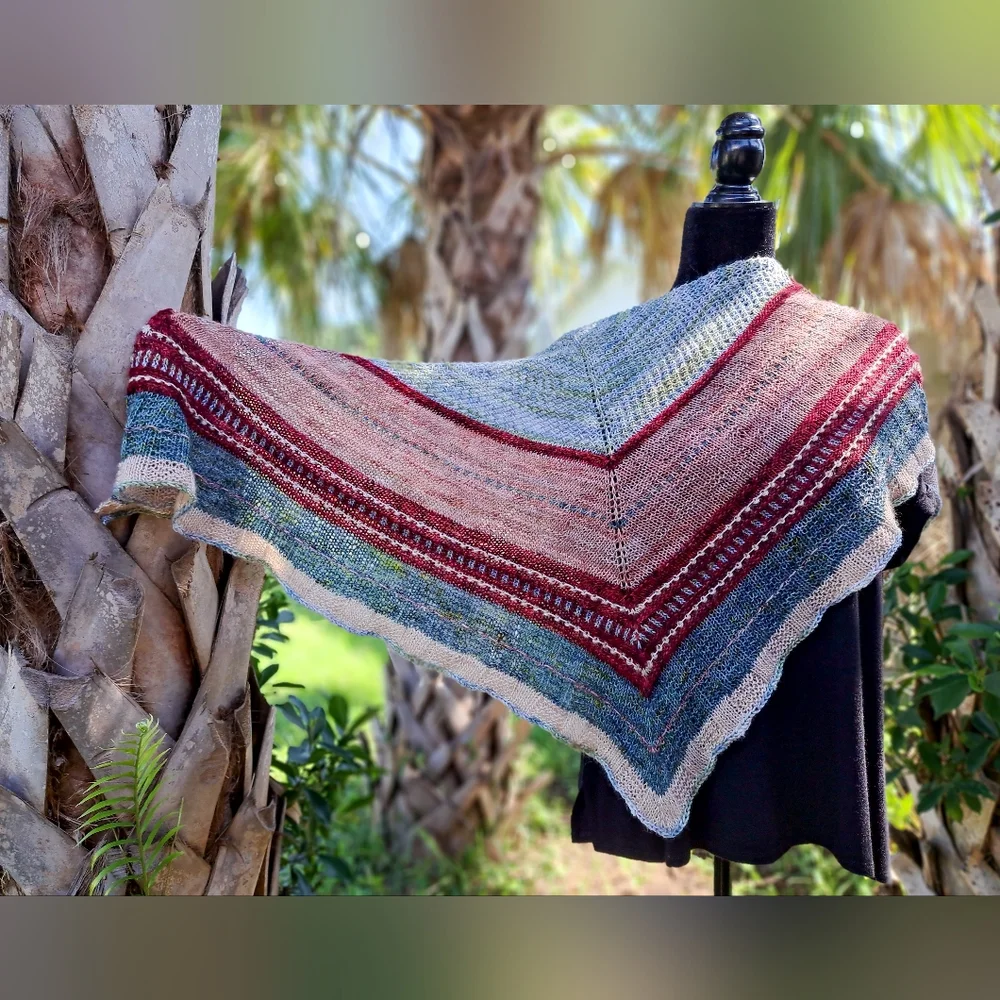 Hand Crafted OOAK Soft Wool Triangular Striped Natural Red Pink Blue Knit Wrap - Picture 10 of 12